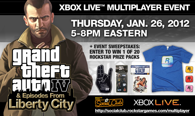 Grand Theft Auto IV: Complete Edition Official Social Club Multiplayer Event on Xbox LIVE (January 26, 5-8 PM Eastern)