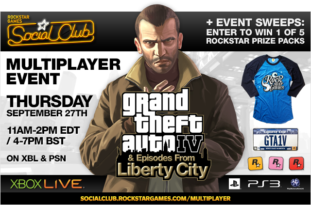 Grand Theft Auto IV: Complete Edition Social Club Multiplayer Event on PSN & XBL this Thursday September 27, 11AM-2PM Eastern