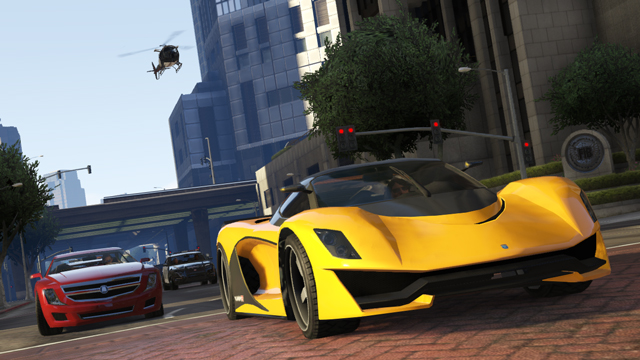 The Turismo R and Alpha evading LSPD pursuit through downtown Los Santos