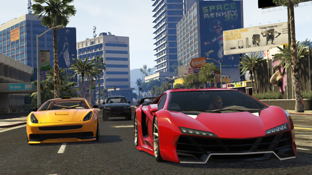 The new Dewbauchee Massacro and Pegassi Zentorno racing down West 