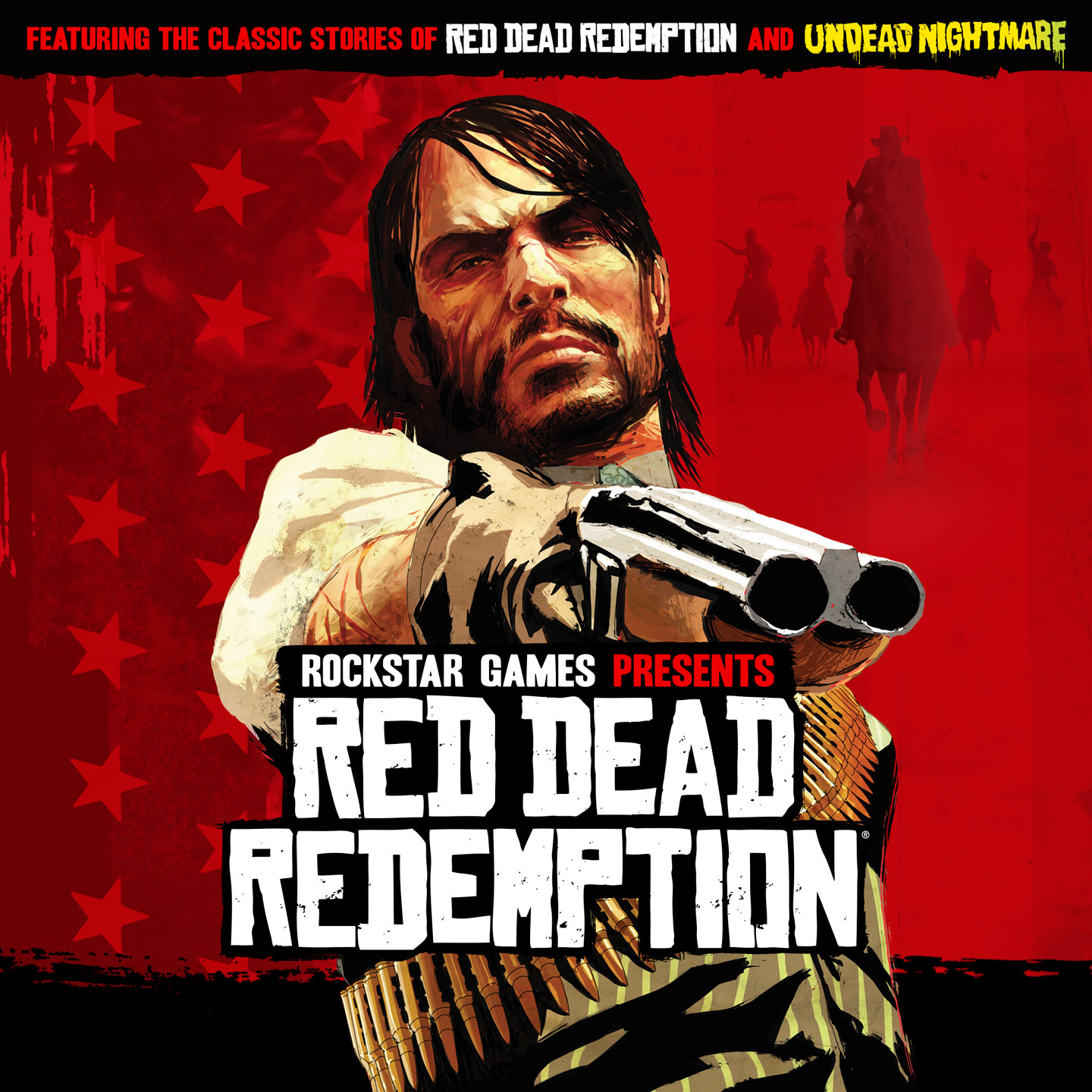 Affiche de Red Dead Redemption avec John Marston qui pointe un fusil à canon scié et le texte : 