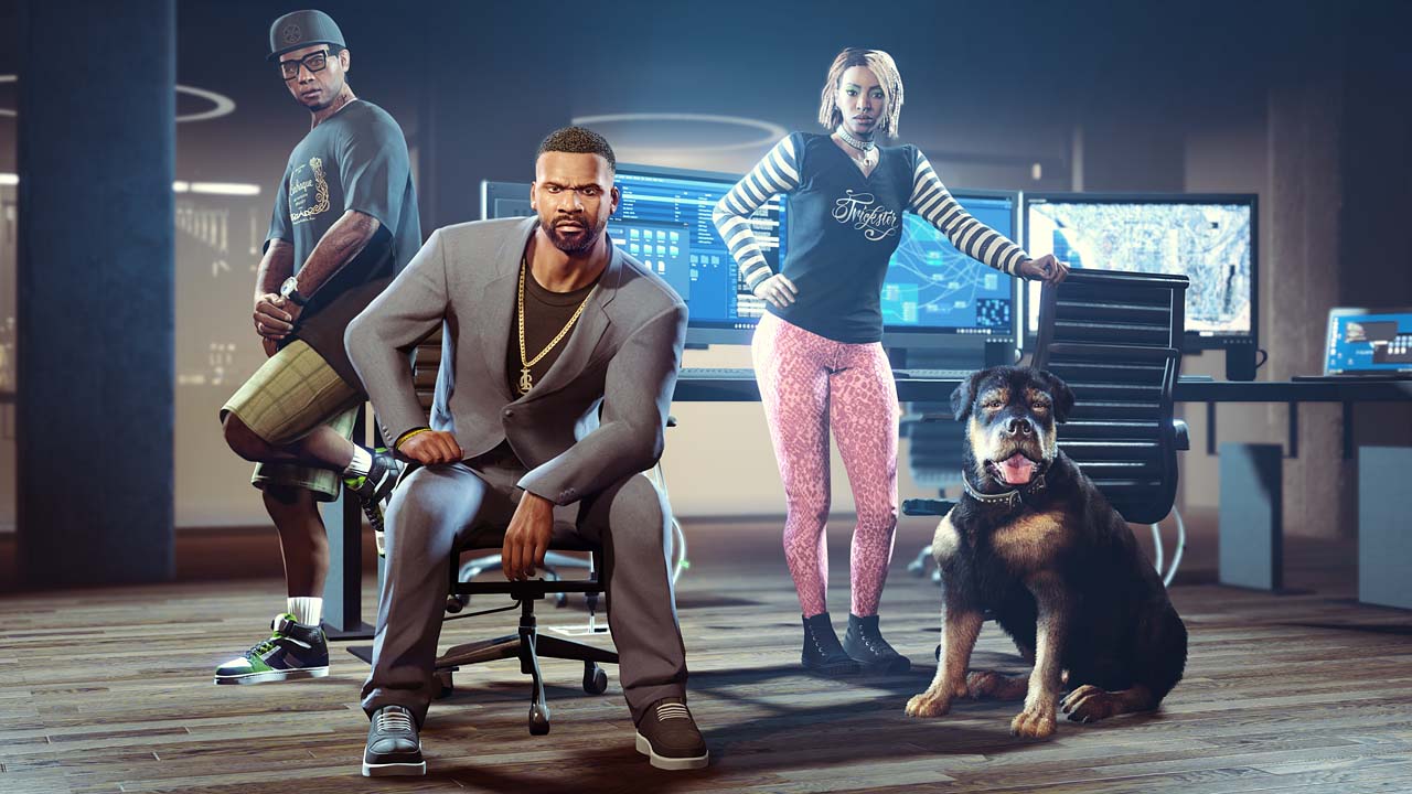 Screenshot of Franklin, Lamar, Imani, and Chop the Dog