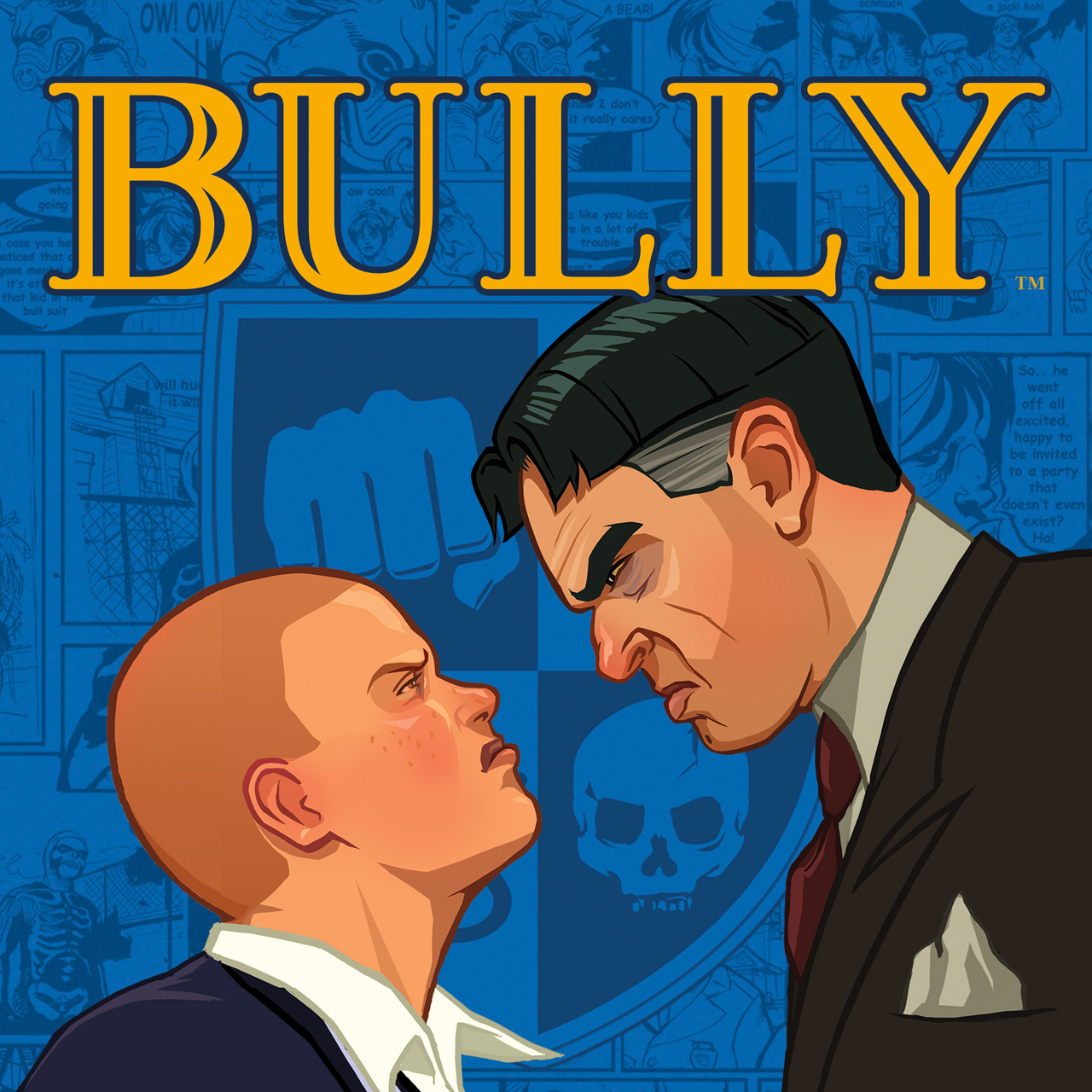 Illustration de Bully, avec Jimmy Hopkins, un élève, qui lance un regard furieux au proviseur Dr Ralph Crabblesnitch, qui lui rend son regard. 