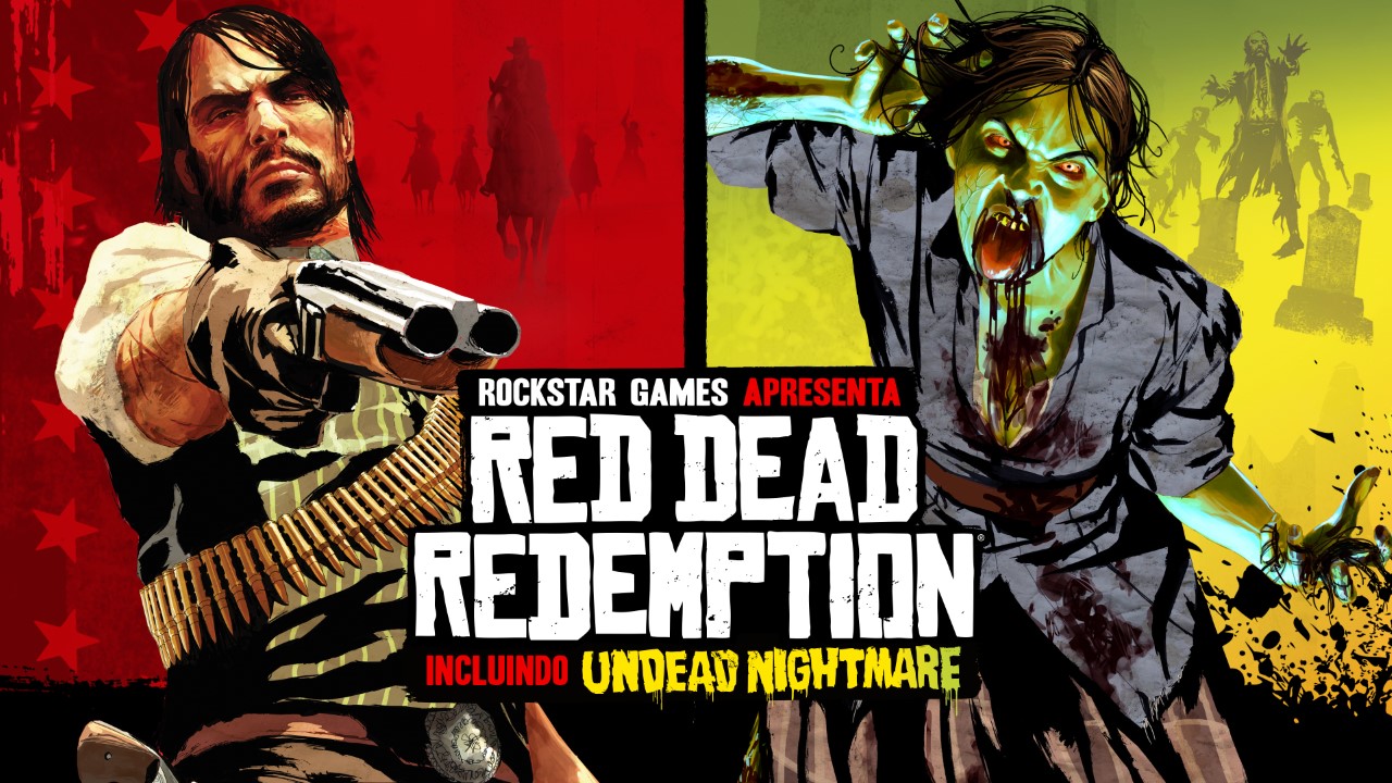 Pôster de Red Dead Redemption dividido em dois: John Marston apontando uma espingarda serrada e Abigail Marston transformada em zumbi avançando. O texto no pôster diz o seguinte: Rockstar Games Apresenta Red Dead Redemption incluindo Undead Nightmare. 