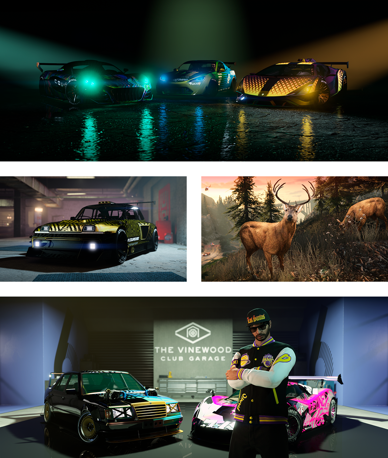 Quatre images. Première image : une Coil Cyclone II, une Karin S95 et une Pegassi Ignus armée. Seconde image : une La Coureuse garée dans l'atelier auto de Hao's Special Works. Troisième image : deux cerfs paissent sur une montagne. Quatrième image : un personnage de GTA Online se tient devant deux véhicules dans le garage de The Vinewood Club.