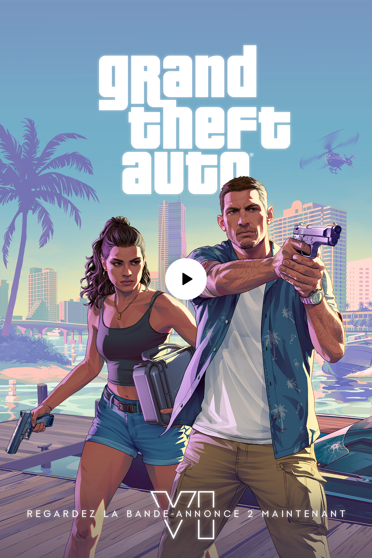 Jason et Lucia sur un ponton avec de l'eau et des immeubles derrière eux, et un hélicoptère dans le ciel. Jason regarde sur le côté et braque une arme dans la même direction. Derrière lui, Lucia tient une arme dans sa main droite et une malette sous son bras gauche. Il y a le logo de Grand Theft Auto Six et il est écrit regardez la bande-annonce deux.