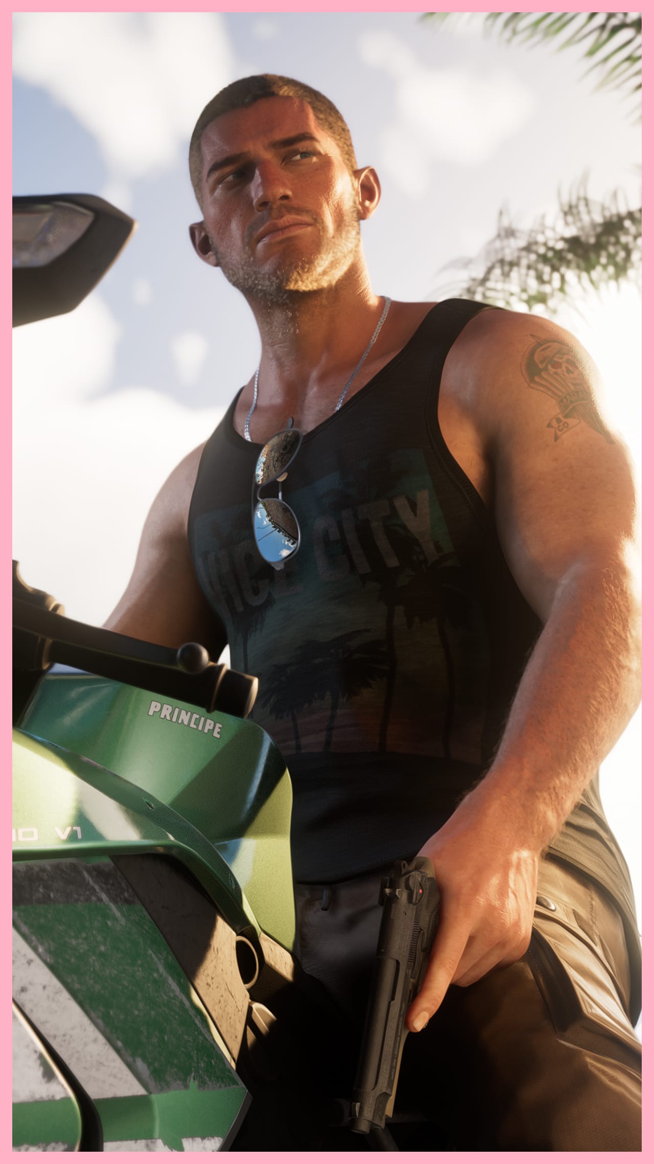 Jason et Lucia sur un ponton avec de l'eau et des immeubles derrière eux, et un hélicoptère dans le ciel. Jason regarde sur le côté et braque une arme dans la même direction. Derrière lui, Lucia tient une arme dans sa main droite et une malette sous son bras gauche. Il y a le logo de Grand Theft Auto Six et il est écrit regardez la bande-annonce deux.