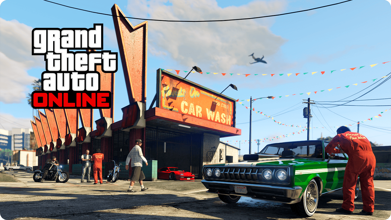 Des personnages de GTA Online à la station de lavage Hands On.  