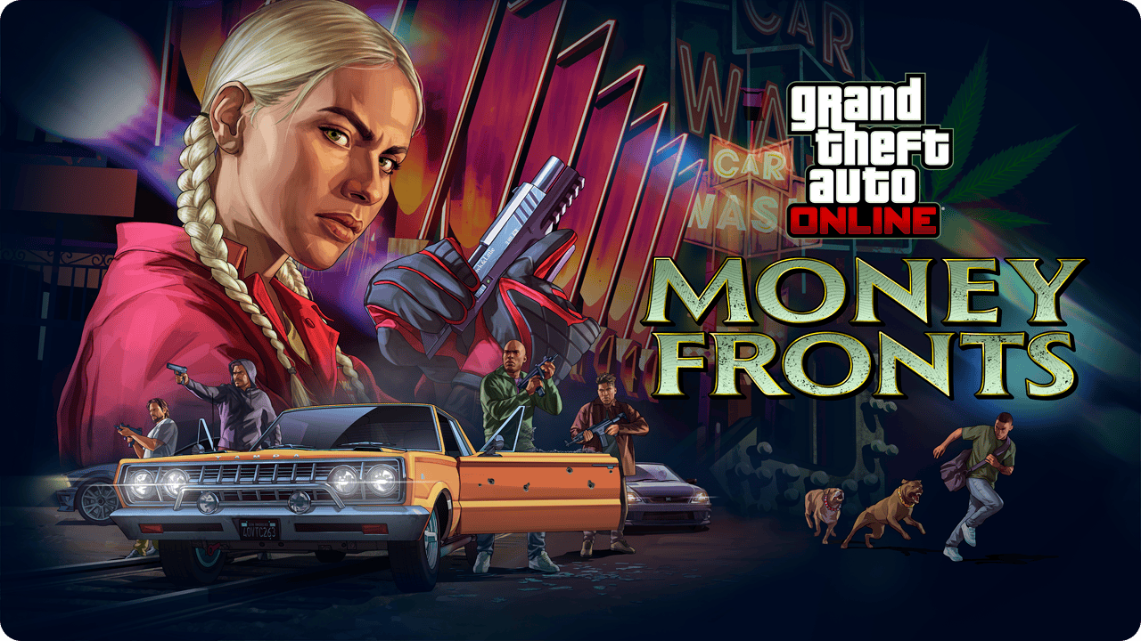 Affiche d'Argent sale et affaires propres dans Grand Theft Auto Online, avec un personnage qui recharge un pistolet, un gang armé qui se tient près d'un lowrider jaune criblé de balles, un personnage qui tient un sac et s'enfuit, poursuivi par deux chiens, et la station de lavage Hands On en arrière-plan. 