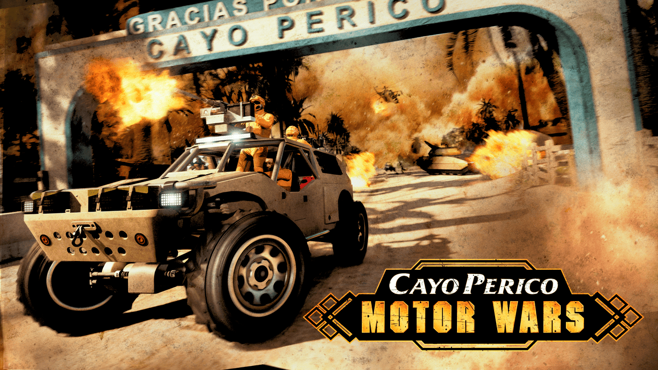Affiche de Guerre motorisée (Cayo Perico) avec un véhicule tout-terrain armé en plein combat qui s'éloigne d'un nuage de poussière et d'explosions.