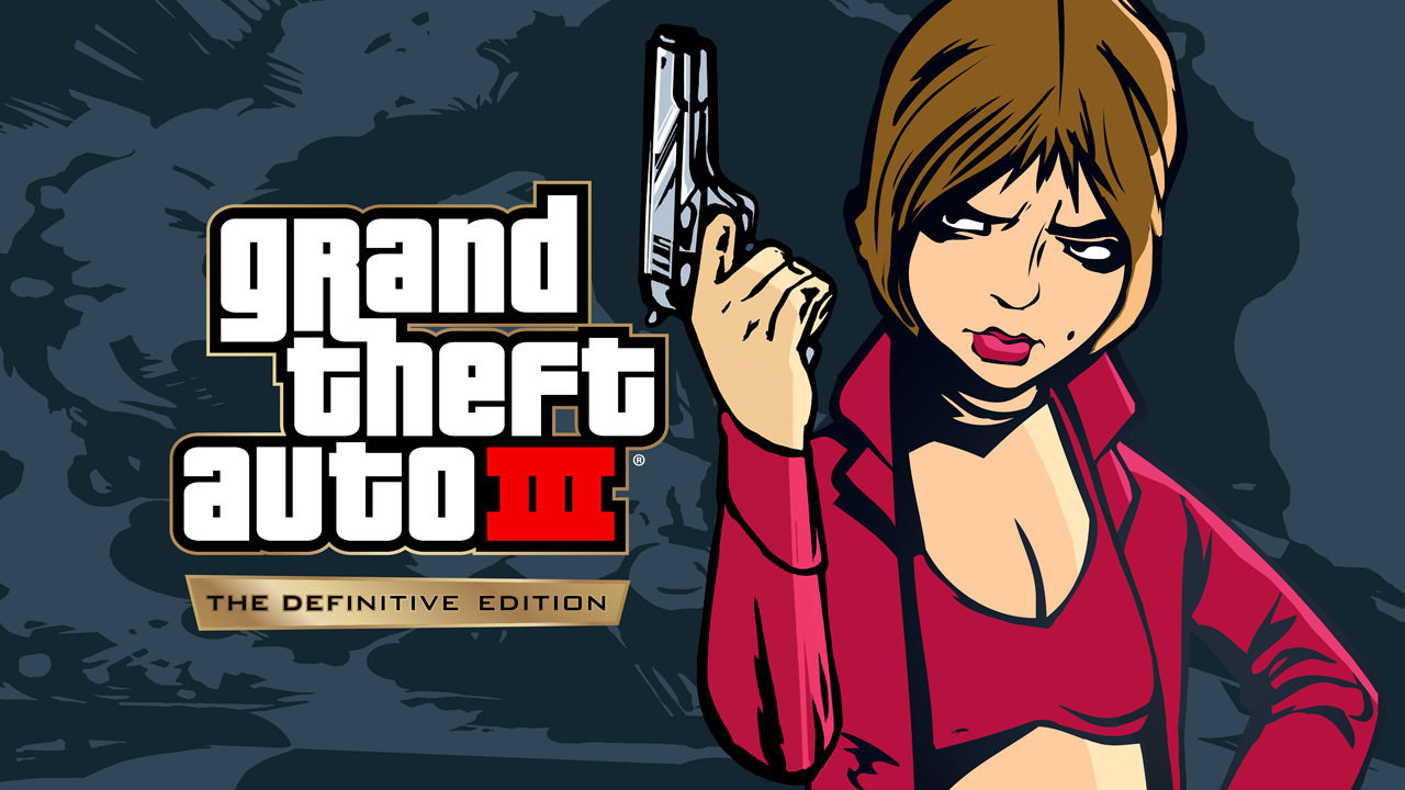 Illustration de Grand Theft Auto 3 : The Definitive Edition avec Misty tenant une arme de poing.