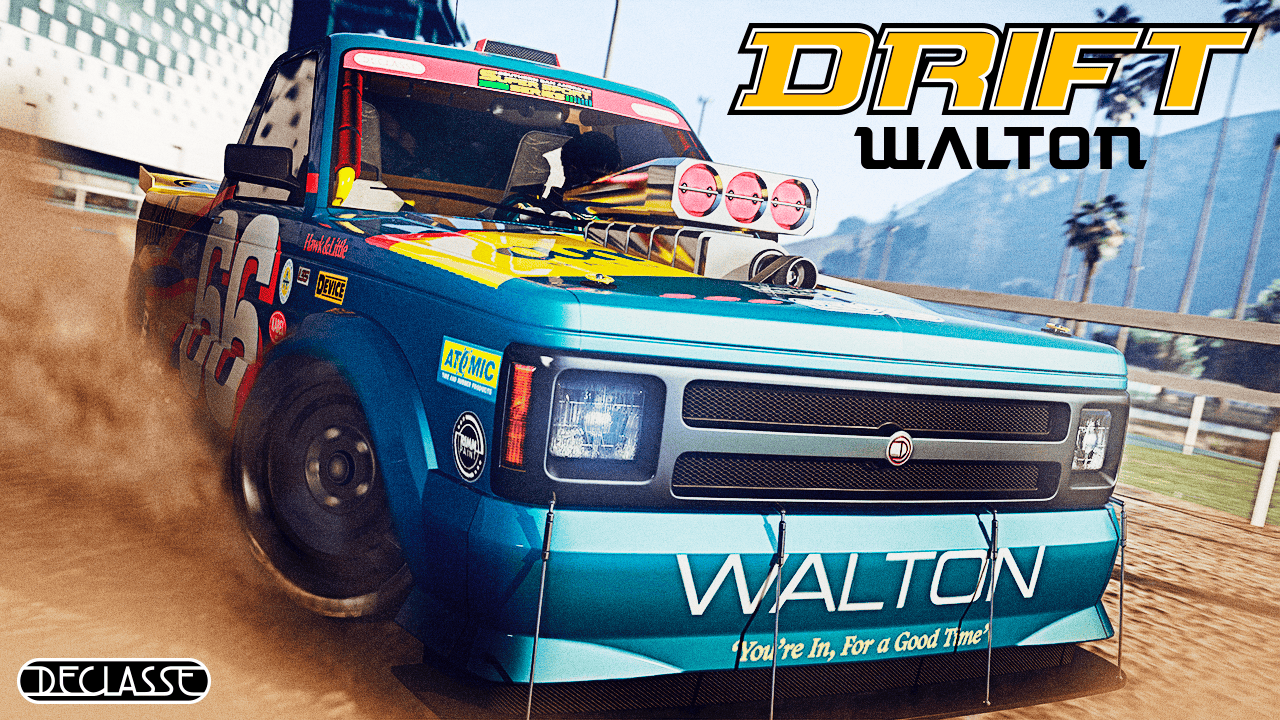 Un Declasse Walton L35 de drift personnalisé avec un capot Bug Catcher triple ouverture et un motif de course roule à toute vitesse sur un circuit poussiéreux. 