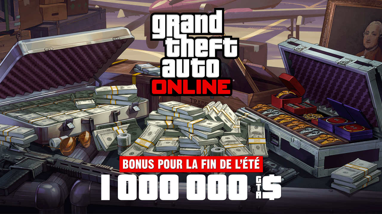 Affiche de Grand Theft Auto Online avec de l'argent, des armes, des œuvres d'art et une valise de bijoux sur une caisse en métal dans un aérodrome. Le texte dit : bonus pour la fin de l'été. 1 000 000 GTA$. 