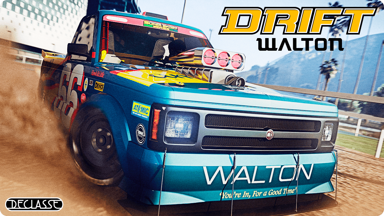 Un Declasse Walton L35 de drift personnalisé avec un capot Bug Catcher triple ouverture et un motif de course roule à toute vitesse sur un circuit poussiéreux. 