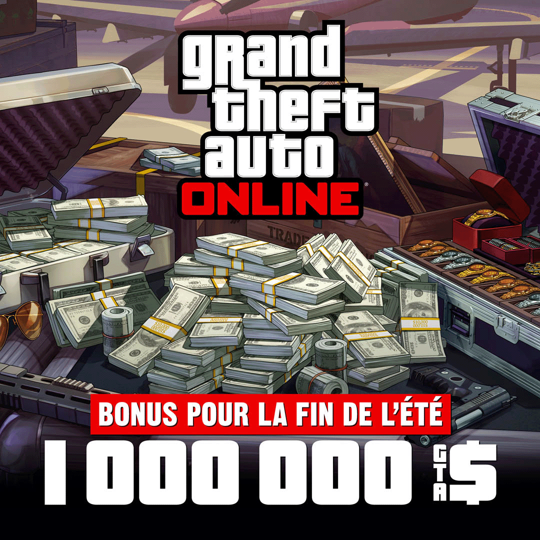 Affiche de Grand Theft Auto Online avec de l'argent, des armes, des œuvres d'art et une valise de bijoux sur une caisse en métal dans un aérodrome. Le texte dit : bonus pour la fin de l'été. 1 000 000 GTA$. 