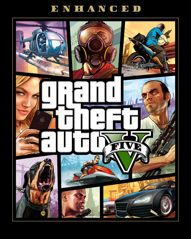 Illustration de la jaquette de Grand Theft Auto V Version améliorée, avec des sections montrant des personnages et des véhicules, dont Trevor, Franklin, des motos aquatiques et des hélicoptères. 