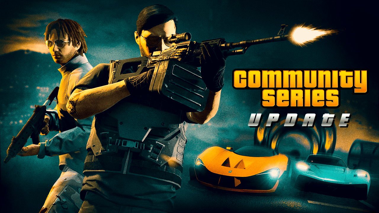 Affiche des Épreuves de la communauté avec deux personnages de GTA Online armés et deux véhicules en pleine course casse-cou. 