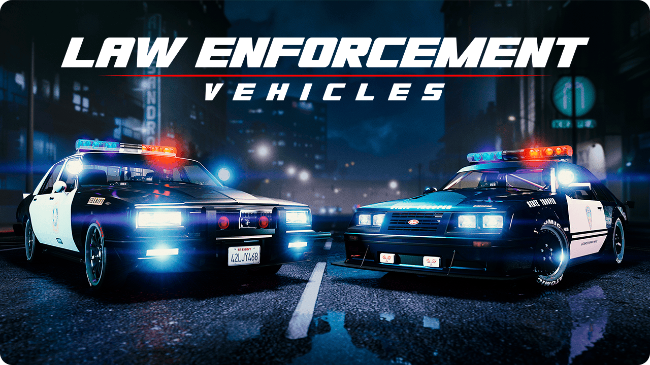 Affiche des véhicules des forces de l'ordre montrant deux véhicules des forces de l'ordre retirés du service. 