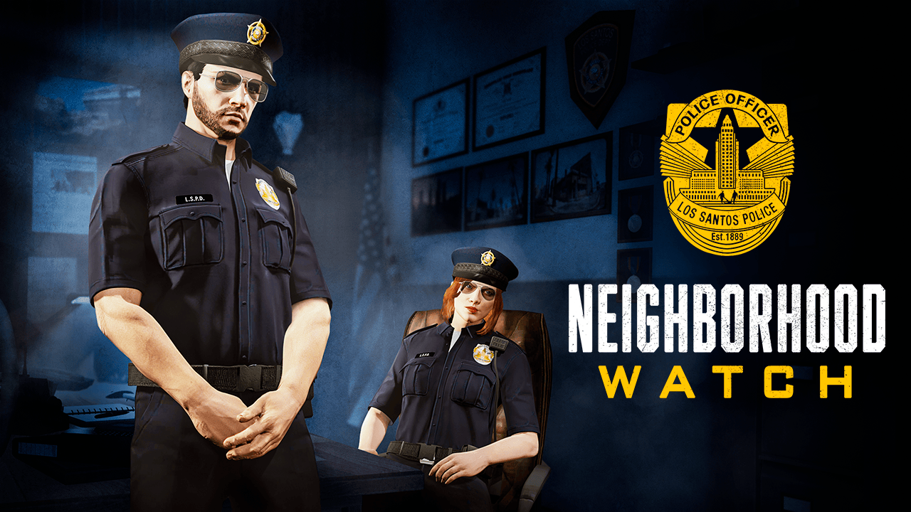 Affiche de l'évènement de surveillance du quartier. Deux personnages portent la tenue Agent LSPD été. 