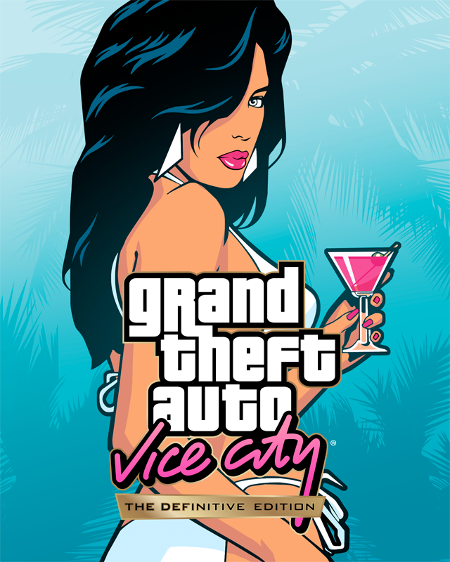 Illustration de Grand Theft Auto: Vice City - The Definitive Edition avec une femme tenant un cocktail rose.