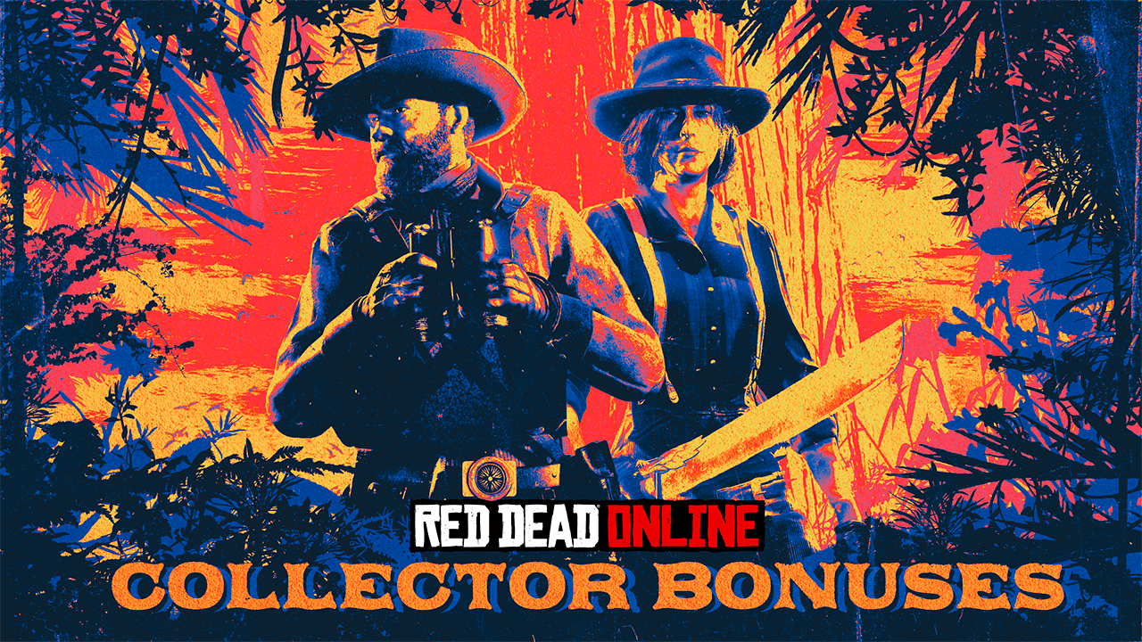 Affiche de bonus de collectionneur Red Dead Online, avec une illustration de deux personnages en pleine exploration, entourés de feuillage. 