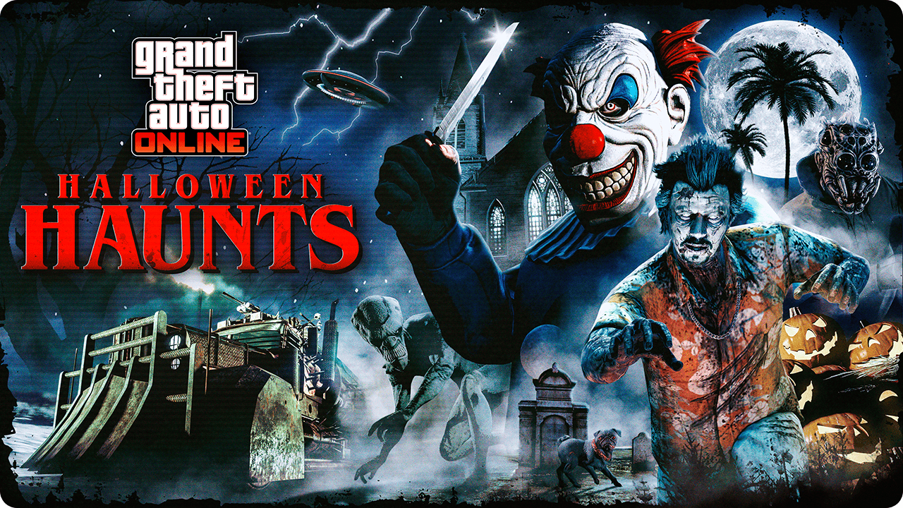 Affiche d'Halloween avec un clown intimidant tenant un couteau, un zombie, un Cerberus apocalypse armé, un ovni, un alien, un personnage de GTA Online portant le masque araignée sauteuse gris, et un chien possédé.  