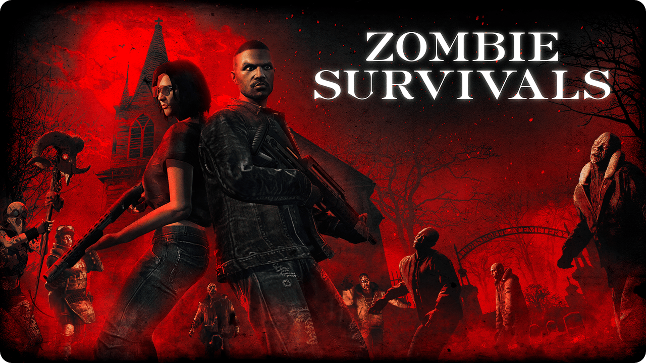 Affiche des survies zombies avec deux personnages armés dos-à-dos et une horde de morts-vivants s'approchant d'eux. 