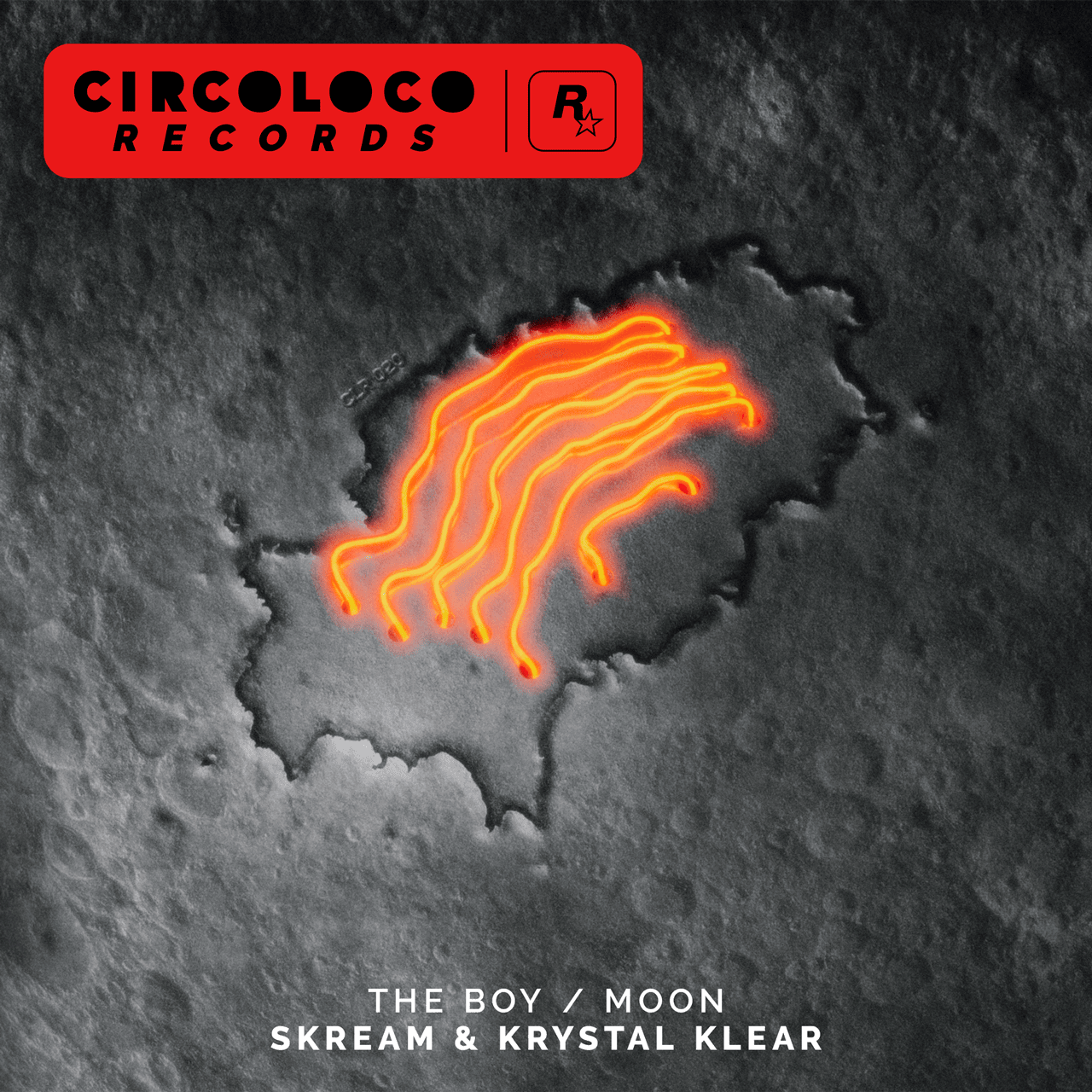 Affiche de Circoloco Records avec une texture de roche lunaire aux contours irréguliers noircis et en relief au centre de laquelle se trouvent six lignes irrégulières orange néon. Le texte dit : The Boy / Moon – Skream and Krystal Klear.