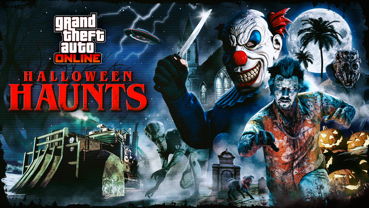 Affiche d'Halloween avec un clown intimidant tenant un couteau, un zombie, un Cerberus apocalypse armé, un ovni, un alien, un personnage de GTA Online portant le masque araignée sauteuse gris, et un chien possédé.  