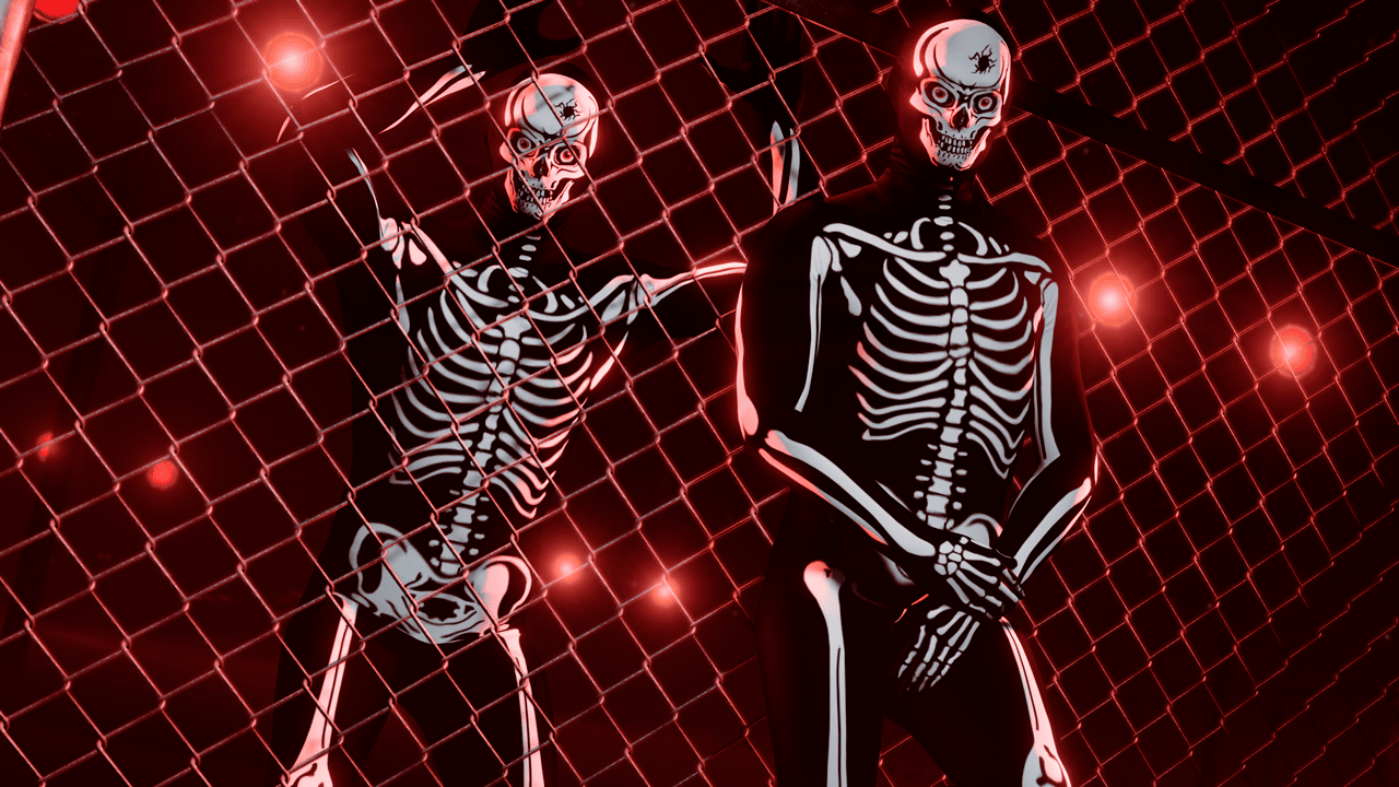 Deux personnages portant une combinaison squelette prennent la pose contre une clôture grillagée. 