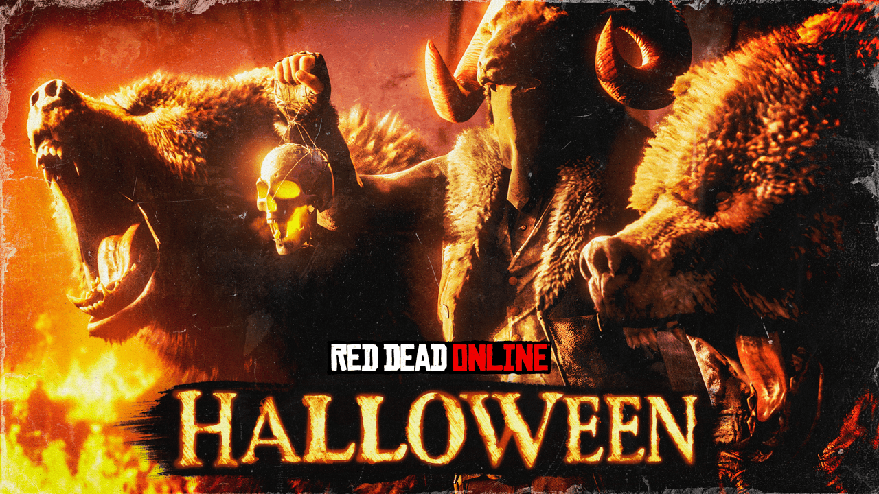 Affiche d'Halloween pour Red Dead Online avec deux ours morts-vivants de chaque côté d'un personnage masqué, qui porte des cornes de bélier et tient une lanterne en forme de crâne émettant une lumière jaune. 
