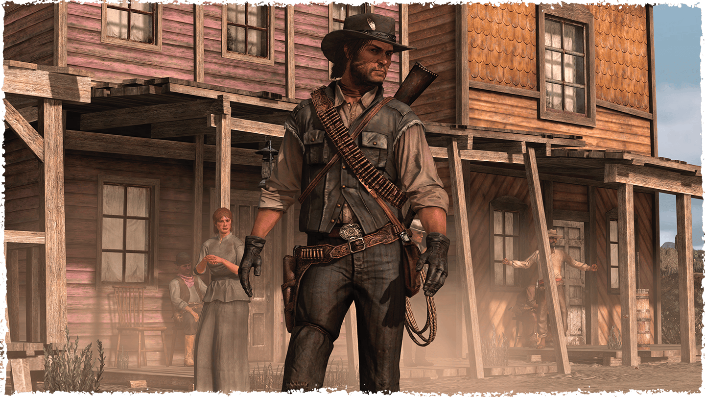 John Marston se tient dans une ville. Il est équipé d'une cartouchière, d'un lasso, d'un pistolet et d'un fusil à pompe.
