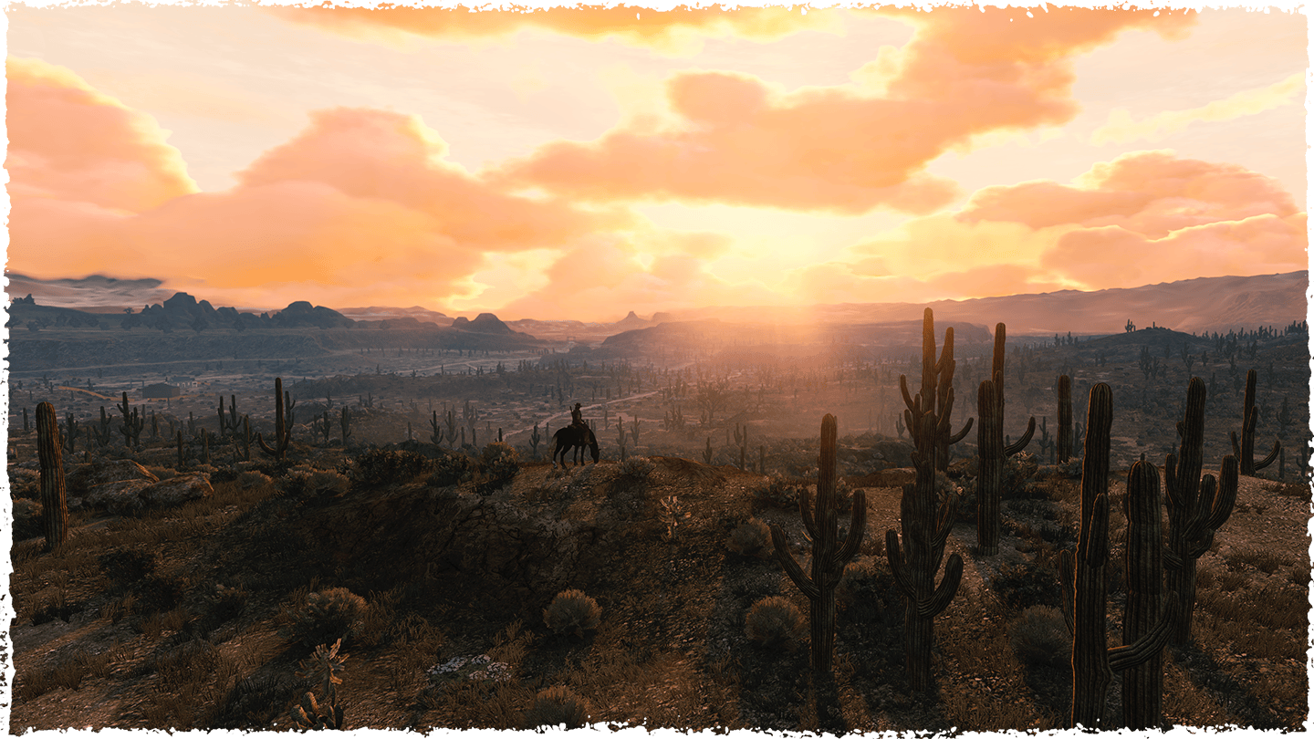 Un désert et John Marston à cheval au lever du soleil. 