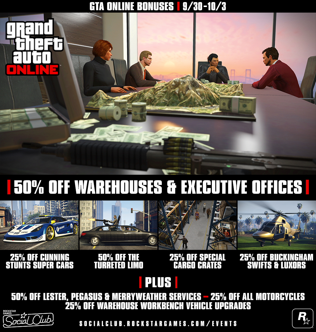 This Weekend S Gta Online Bonuses Half Off Warehouses Executive Offices Unlockable Yellow Swirl Pajamas Smoking Jacket Discounts And More Sept 30th Oct 3rd Rockstar Games
