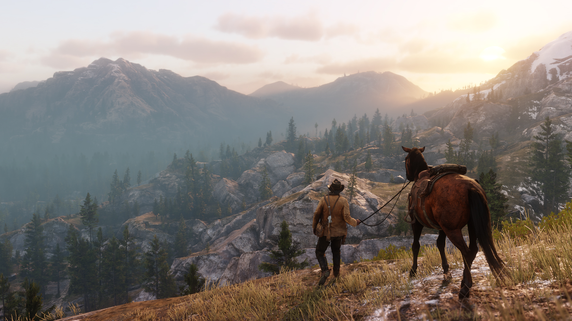 Red Dead Redemption 2 Leading a horse over the mountains