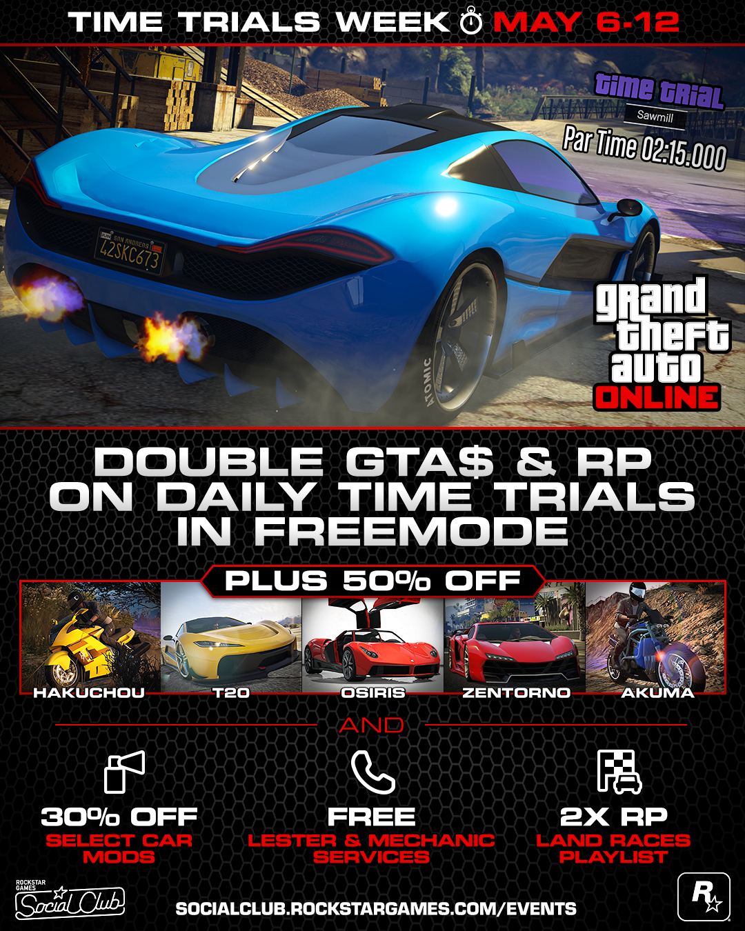 Time Trials Week May 6 12 Double Gta Rp In Daily Freemode Time Trials 50 Off Some Of Gta Online S Fastest Vehicles And More Rockstar Games