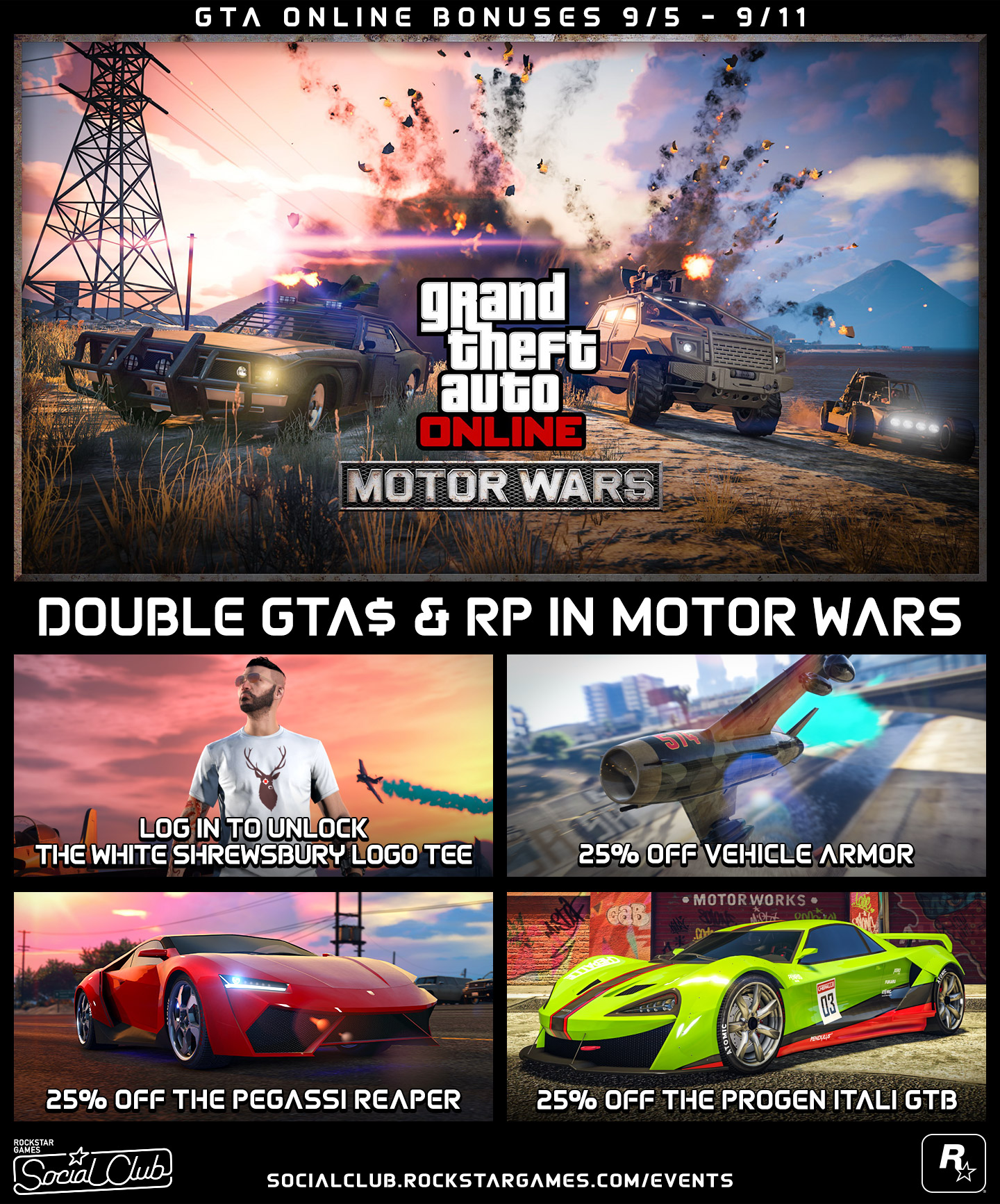 Gta Online Bonuses Double Gta Rp In Motor Wars Shrewsbury In Game Tee Unlock And More Rockstar Games