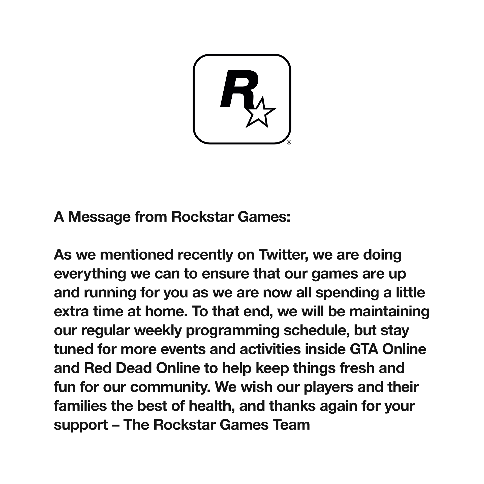 Rockstar Games on X: A message from Rockstar Games