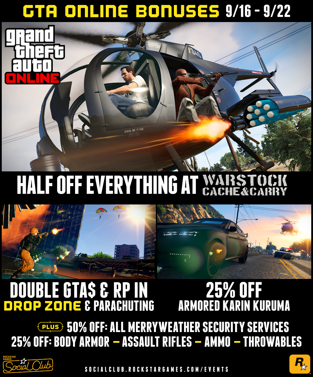 This Week S Gta Online Bonuses Half Off Everything At Warstock Double Gta In Drop Zone And Parachuting Jobs Plus More Sept 16th 22nd Rockstar Games