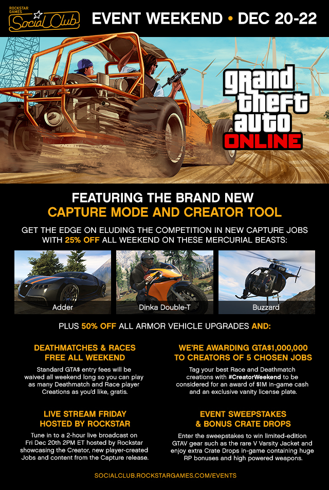 GTA Online Social Club Event Weekend this Fri-Sun Dec 20-22 - Rockstar Games