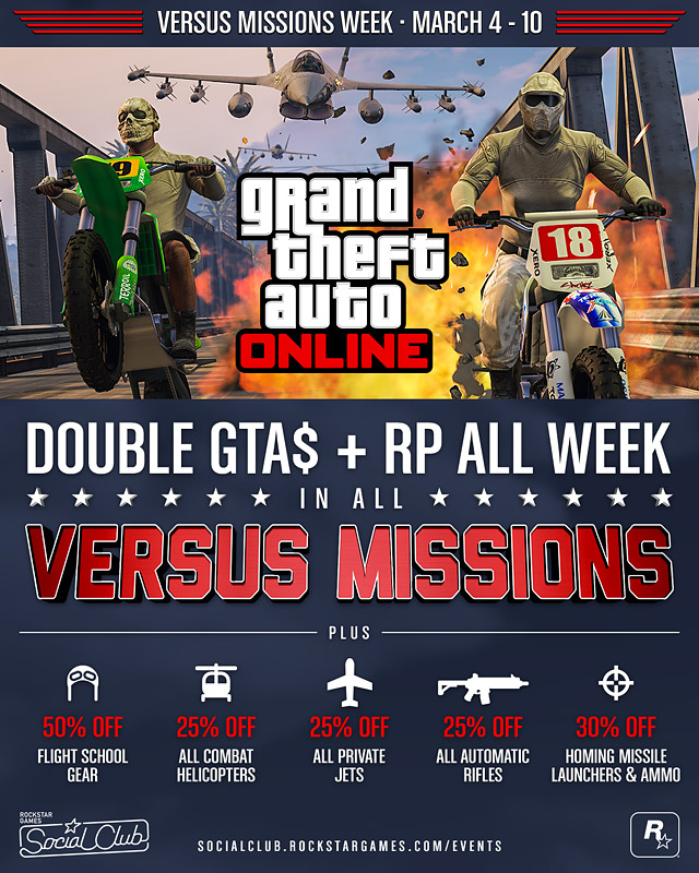 Double GTA$ & RP in all GTA Online Versus Missions March 4  10