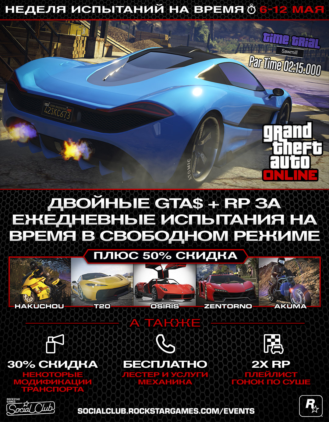 НЕДЕЛЯ ИСПЫТАНИЙ НА ВРЕМЯ (c 6 по 12 мая): вдвое больше GTA $ и RP за  ежедневные испытания на время в свободном режиме + скидка 50% на самый  быстрый транспорт и многое другое - Rockstar Games