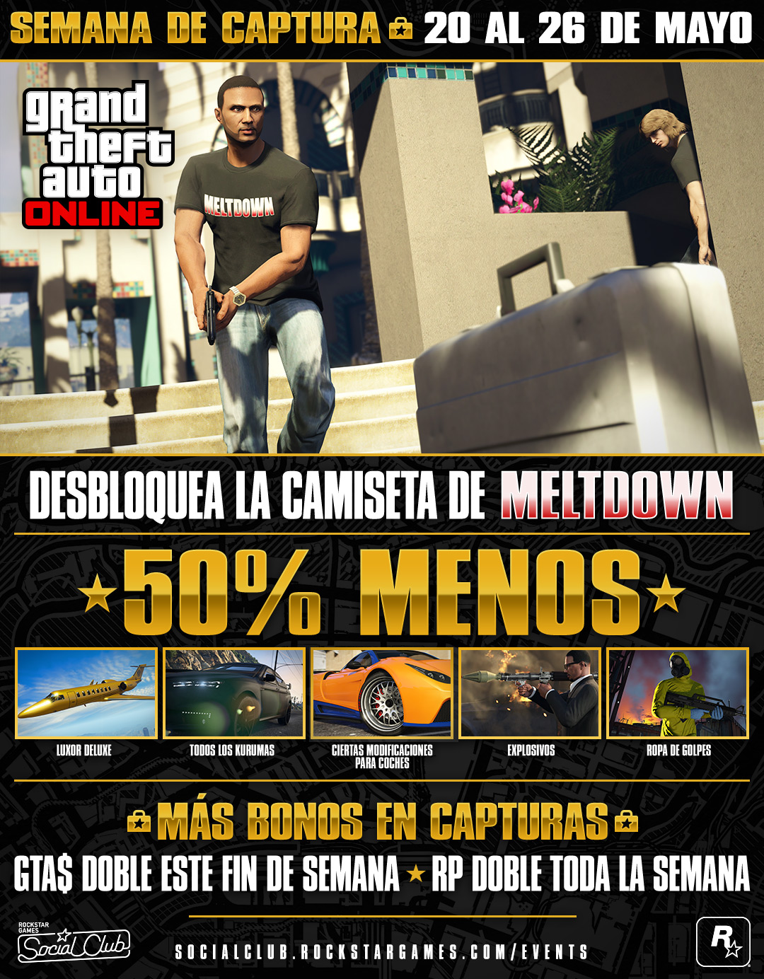 Semana de captura de GTA Online (20 al 26 de mayo): bonos de GTA$ y RP  dobles en capturas, camiseta Cataclismo desbloqueable en el juego,  descuentos y más - Rockstar Games
