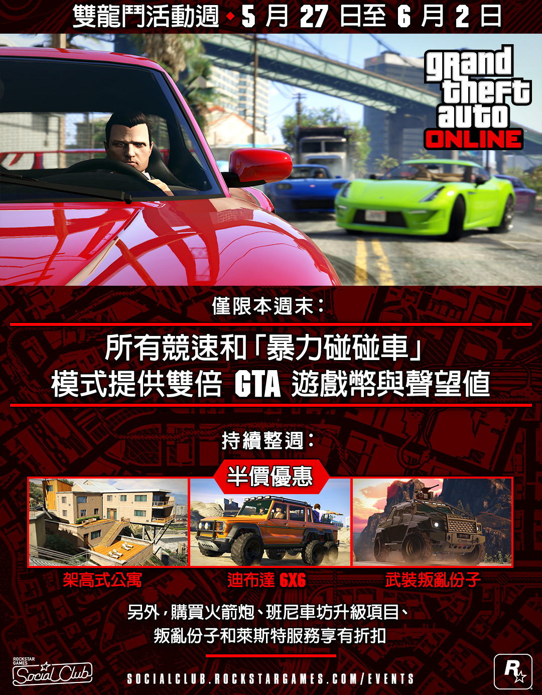 Gta 線上模式雙龍鬥活動週 5 月27 日至6 月2 日 所有競速 暴力碰碰車 提供雙倍gta 遊戲幣及聲望值 另針對架高式公寓及迪布達