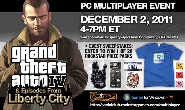 GTAIV PC Social Club Multiplayer Event on Games for Windows LIVE this  Friday (December 2, 4-7PM Eastern) - Rockstar Games